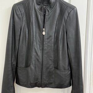 Tahari Black Leather Zip-Front Jacket with Pintuck Detail